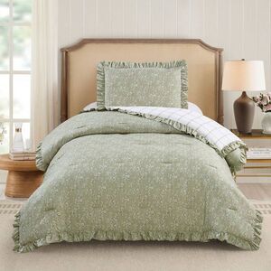 Modern Heirloom -  2pc Twin/Twin XL Floral Ruffle Com Green
